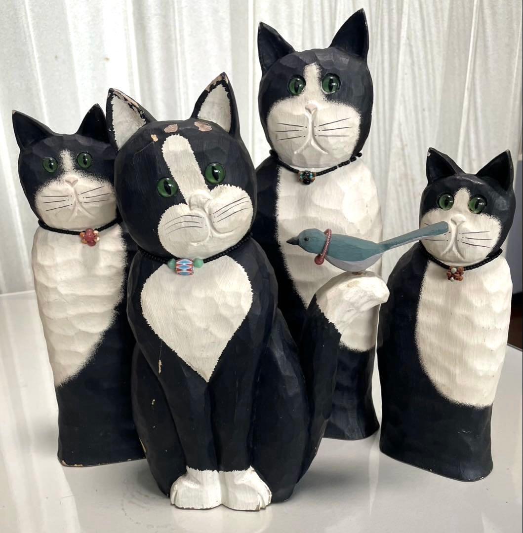 黒白猫のアンティーク置物4体セット James Haddonアメリカ木彫作家