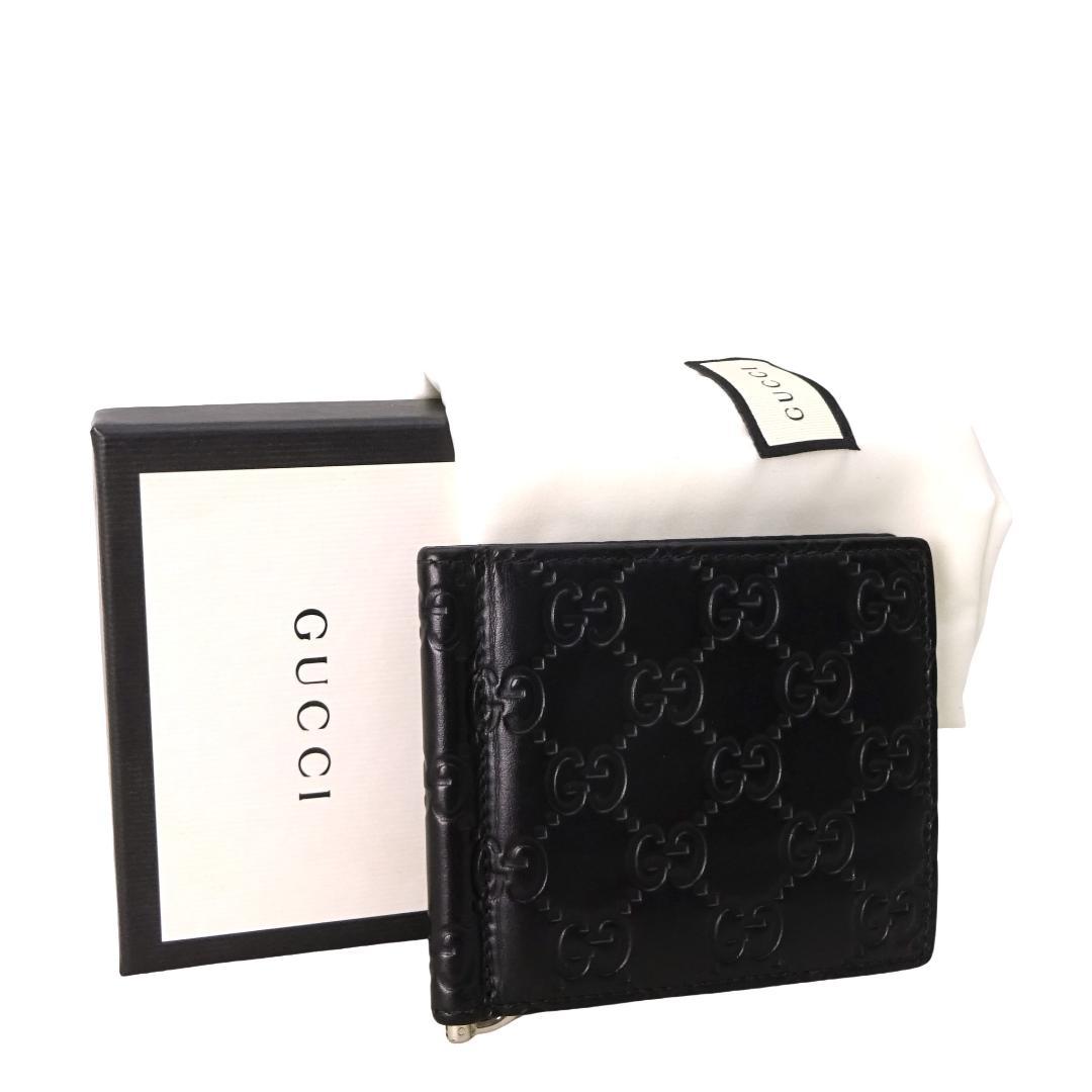 本物美品■グッチ■マネークリップ/GGシマレザー/ブラック/カードケース付き財布