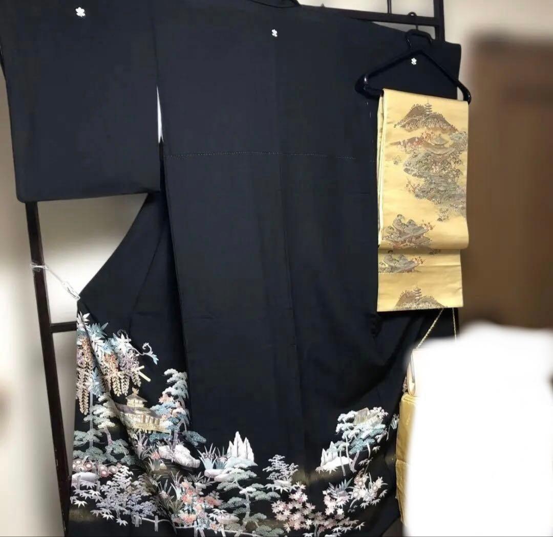 友禅黒留袖　鳳凰堂？作家物　袋帯、帯揚げ帯締め、長襦袢の5点セット