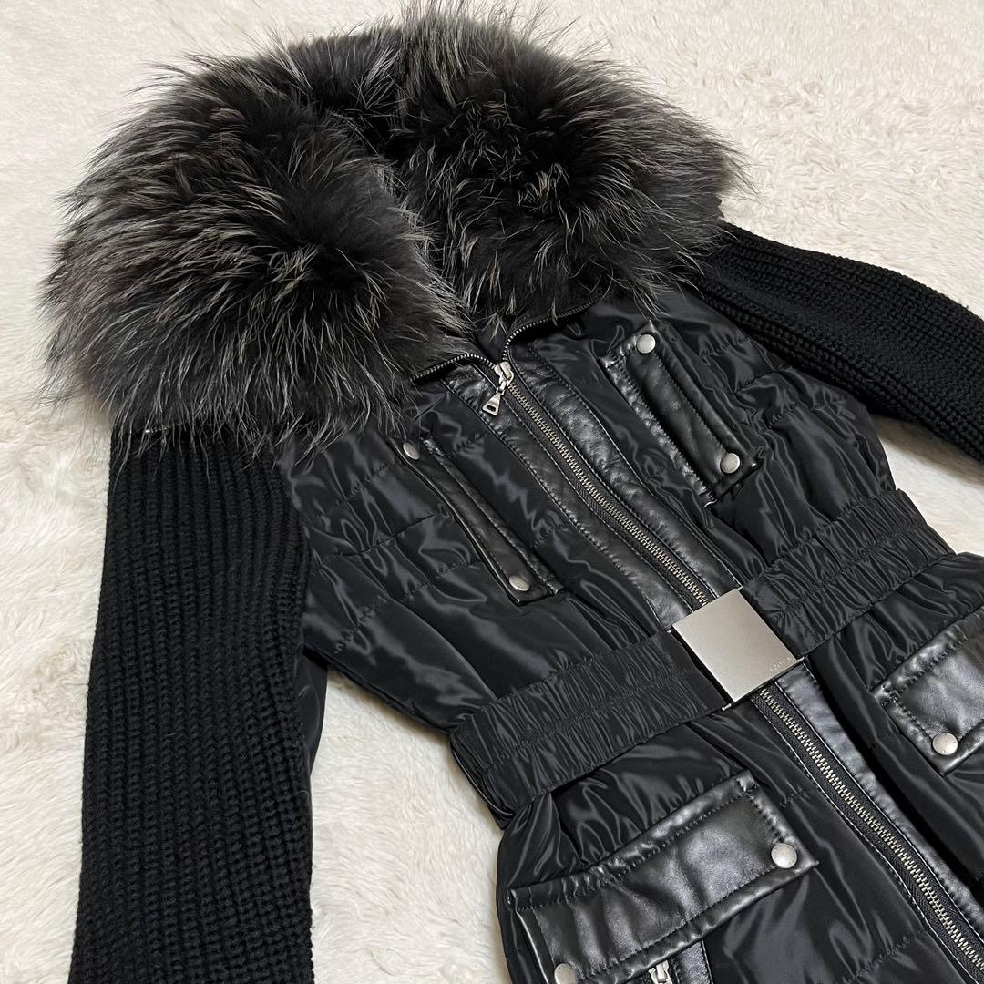 美品　EPOCA ロングコート　ベルト　ファー　レザー　ニット　ダウン　黒　L