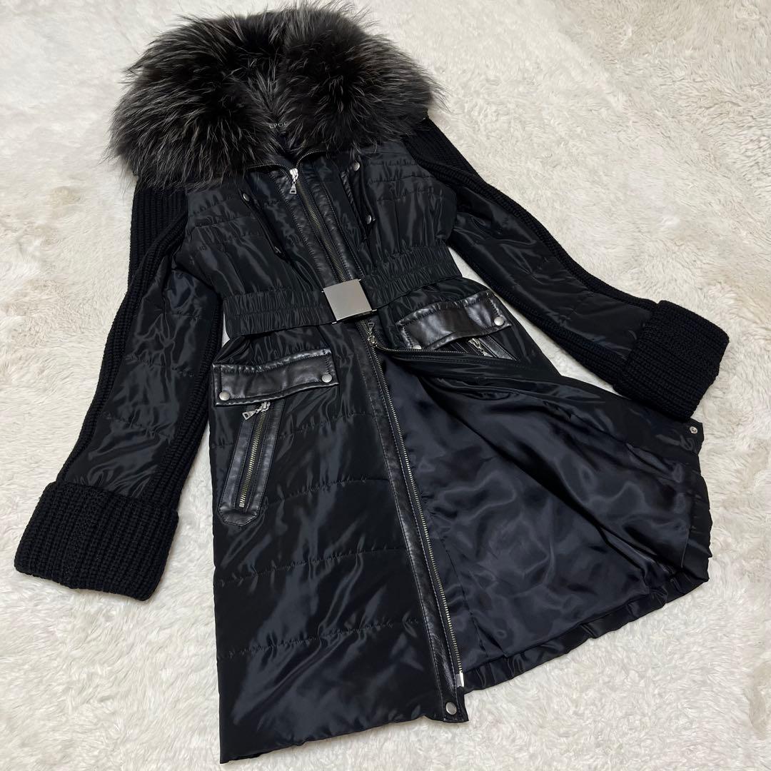 美品　EPOCA ロングコート　ベルト　ファー　レザー　ニット　ダウン　黒　L