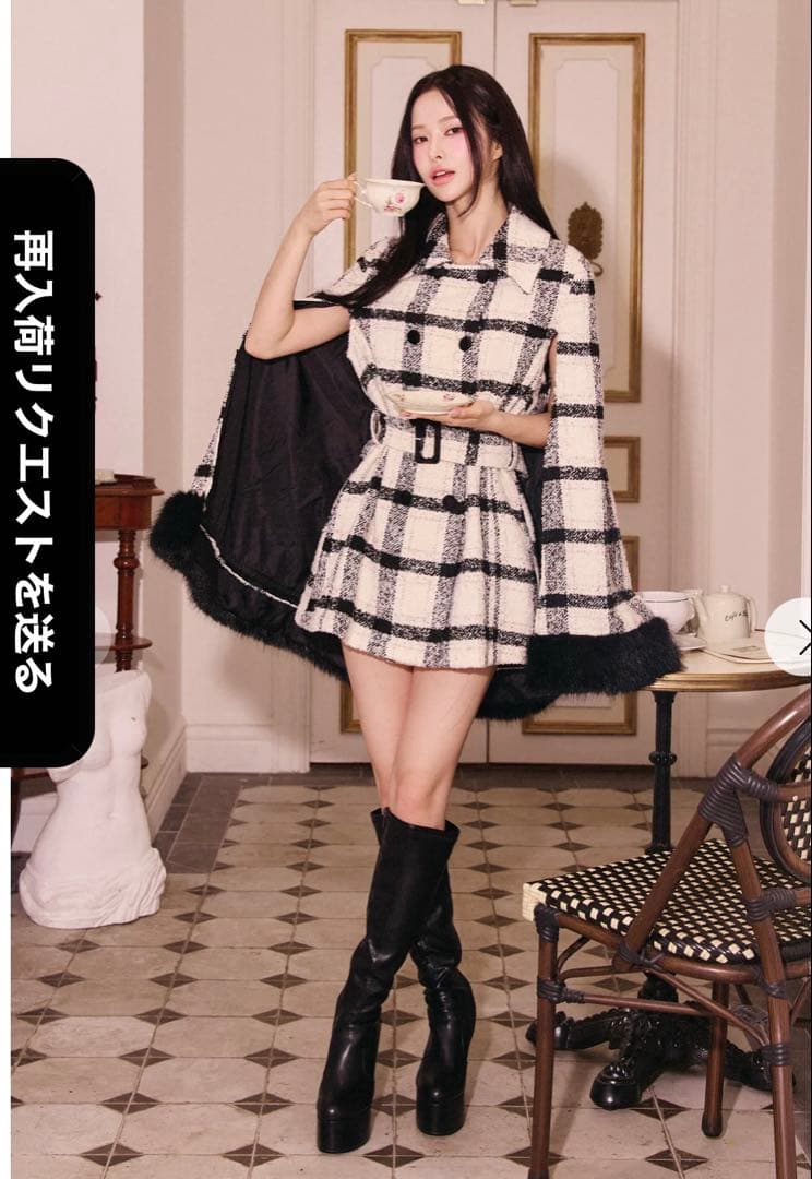 RANDY アウター プレイドツイードファーポンチョ