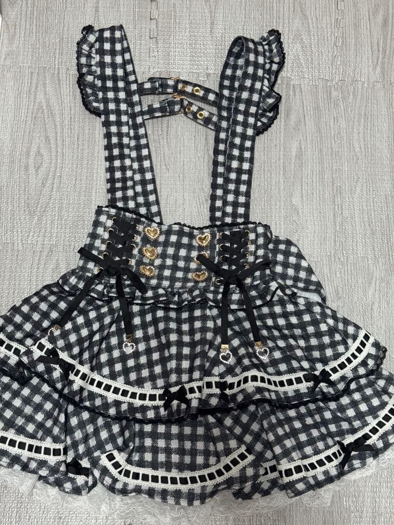 lizlisa はしごリボンチェックティアードスカパン　ブラック