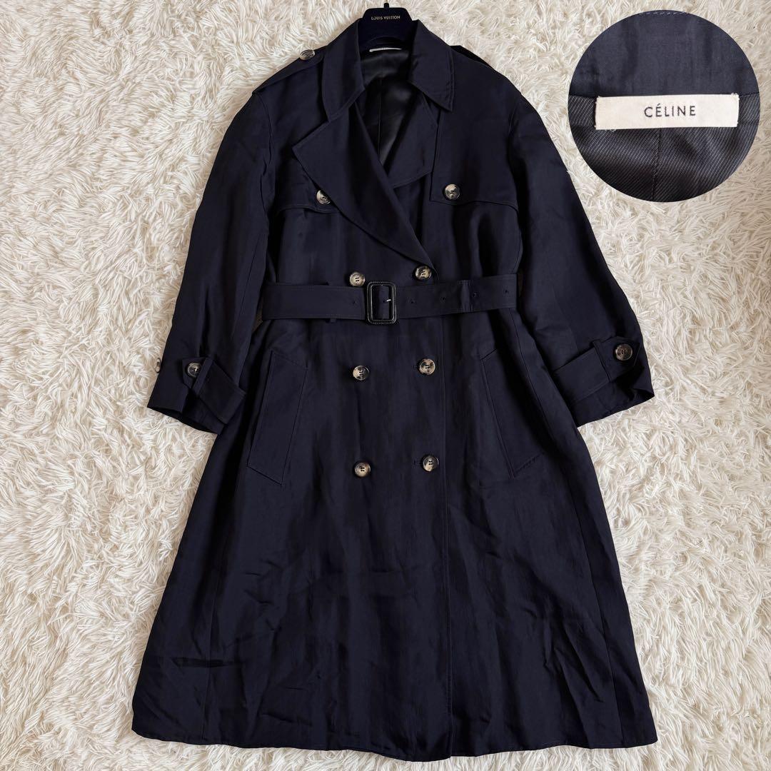 美品　フィービー期　セリーヌ　トレンチコート　シルク　ロゴボタン　ネイビー　M