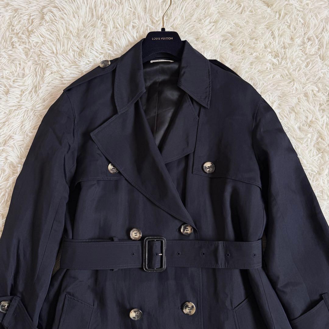 美品　フィービー期　セリーヌ　トレンチコート　シルク　ロゴボタン　ネイビー　M