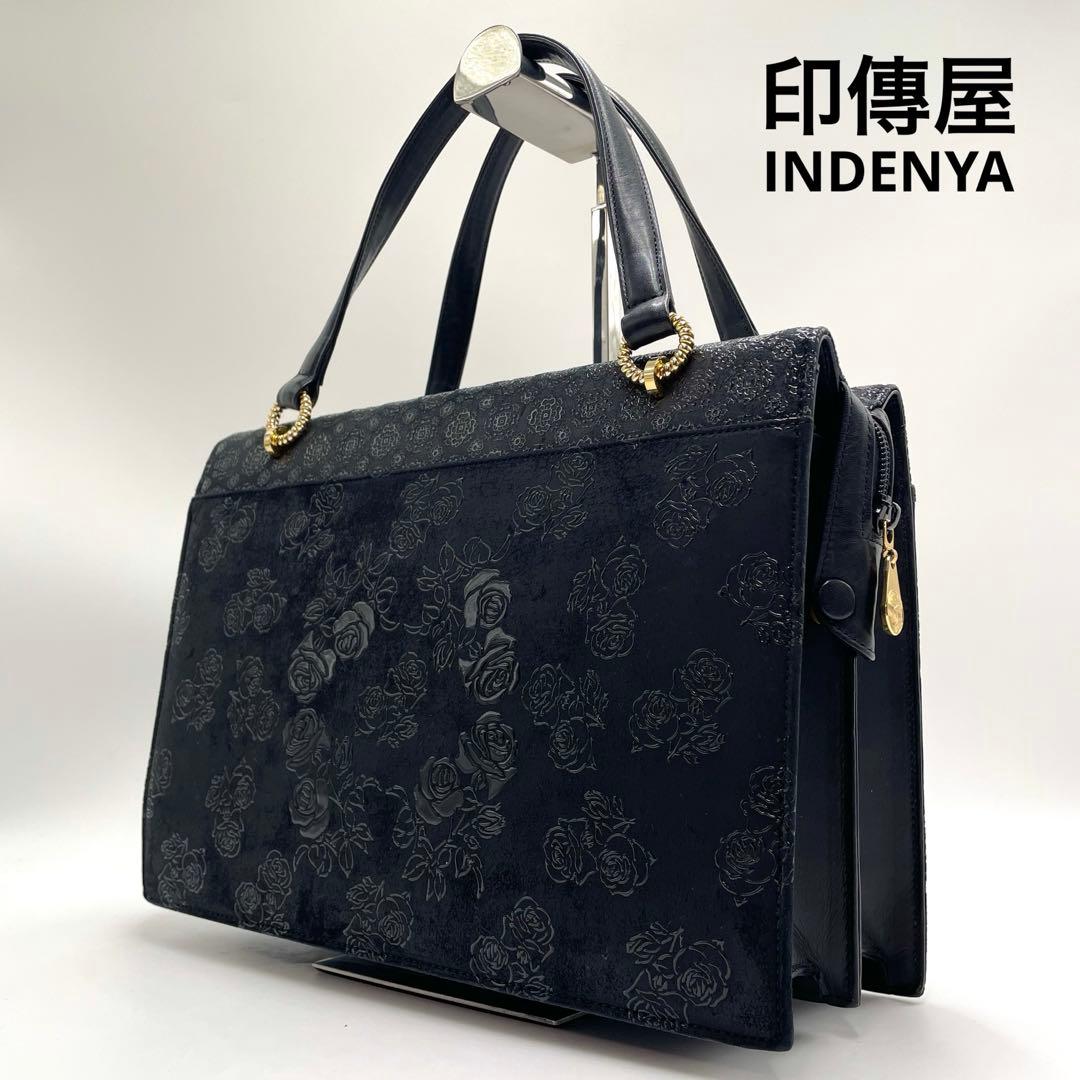 美品★印傳屋 フォーマル ハンドバッグ 薔薇 花柄 鹿革 漆塗り ゴールド金具