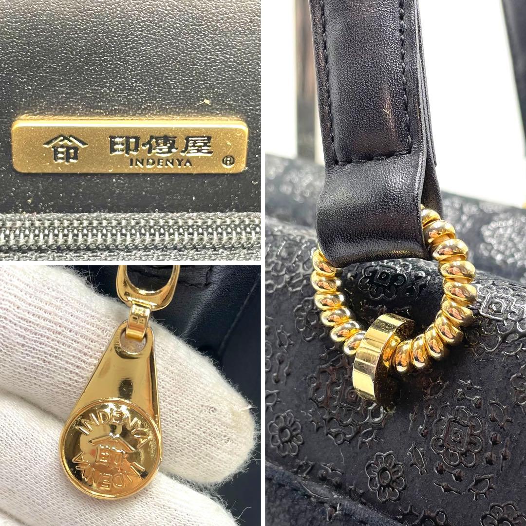 美品★印傳屋 フォーマル ハンドバッグ 薔薇 花柄 鹿革 漆塗り ゴールド金具