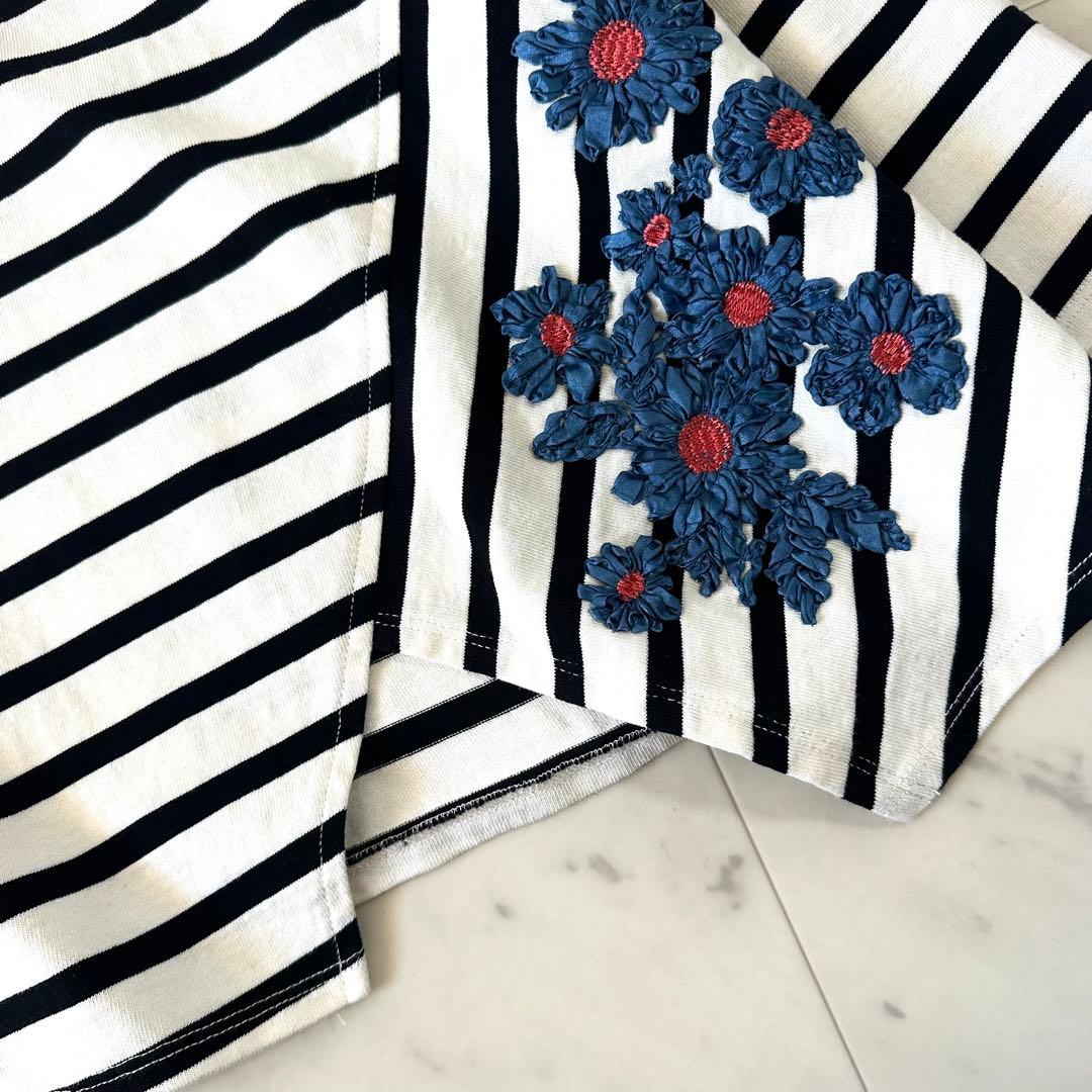 極美品♪ビアズリー アシンメトリー 切替ボーダーブラウス 花刺繍 フラワー