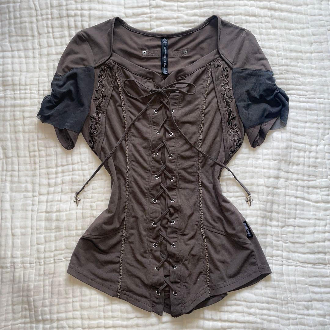 00s 希少 ozz croce チャーム付きレースアップ切り替えv系カットソー