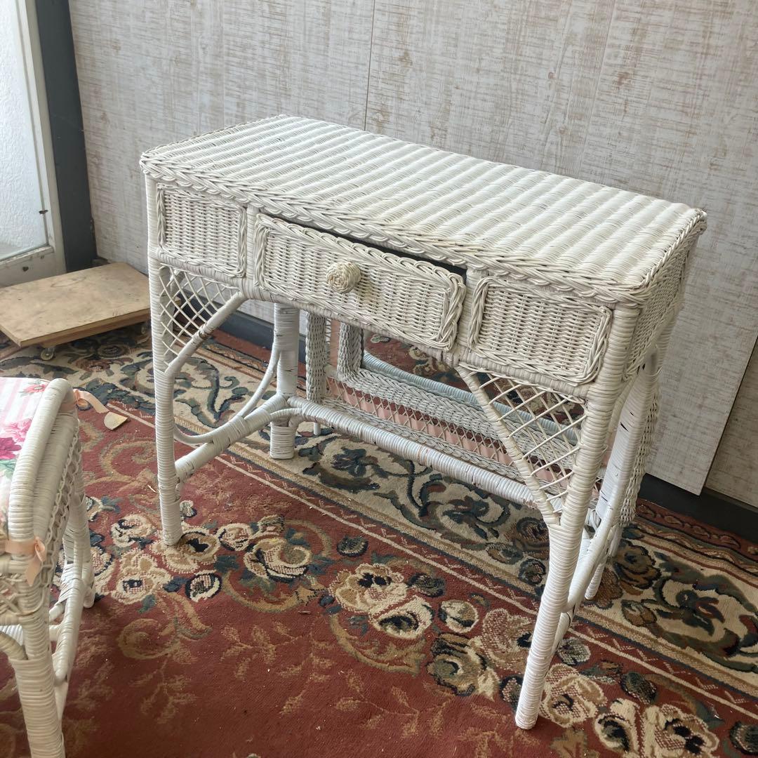 北欧レトロ 姫系 ラタンドレッサー 鏡台 椅子&ゴミ箱付き ビンテージ 古家具