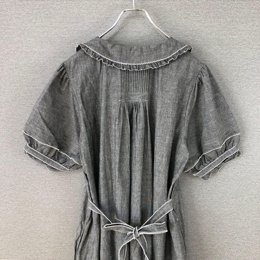 美品 PINK HOUSE ロゴ刺繍ダンガリーワンピース F グレー