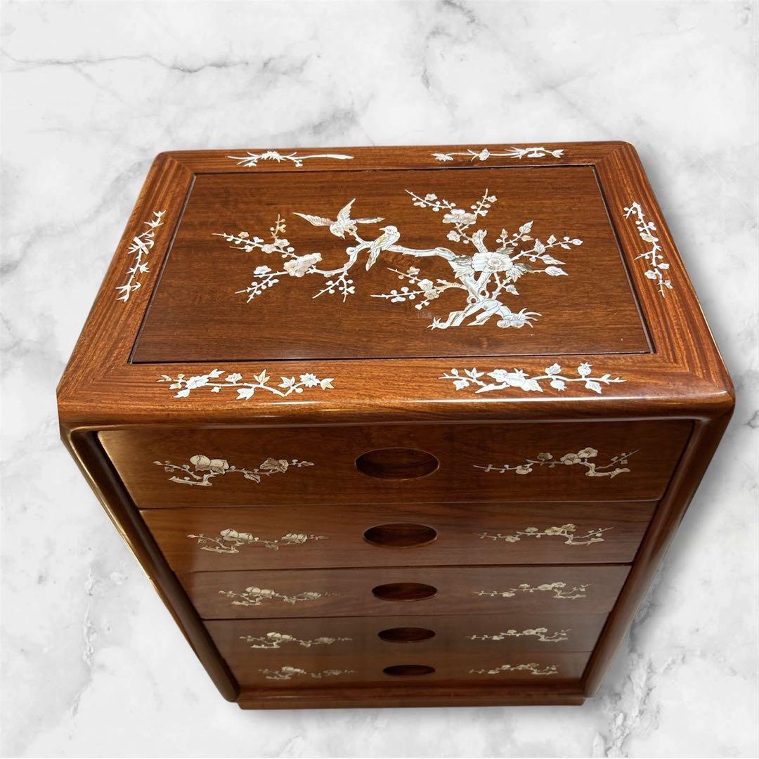 骨董品 螺鈿細工 チェスト タンス 五段チェスト 小物収納 木製 引き出し 螺鈿