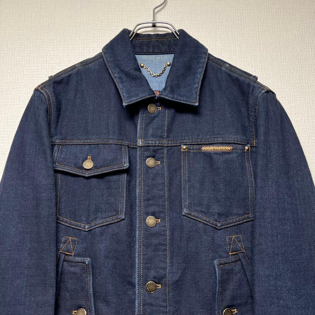【濃紺／ロゴパッチ】ルイヴィトン デニムジャケット ブルゾン レザー装飾 44