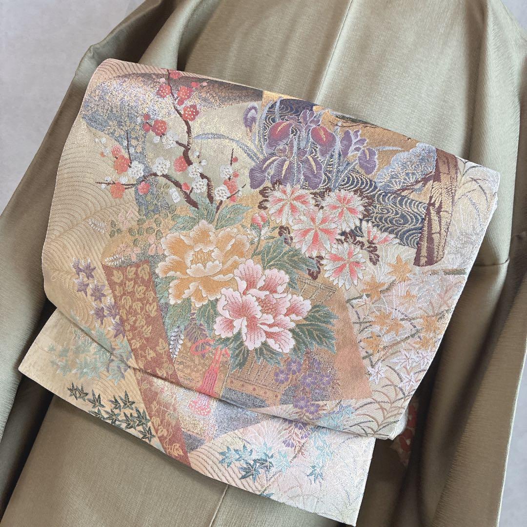 訪問着　フルセット　着物　正絹　Lサイズ　ロング　雪輪　花　金駒刺繍　N5