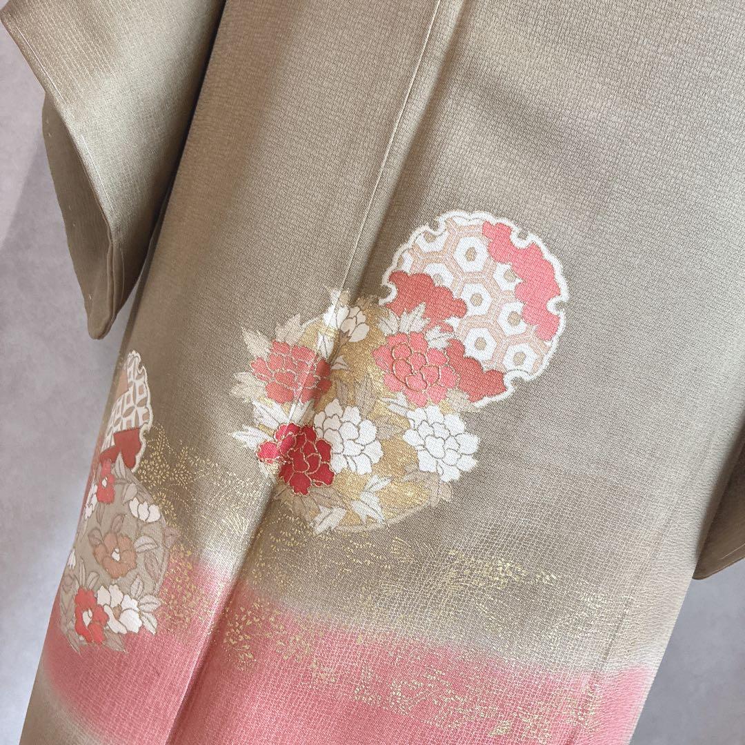 訪問着　フルセット　着物　正絹　Lサイズ　ロング　雪輪　花　金駒刺繍　N5
