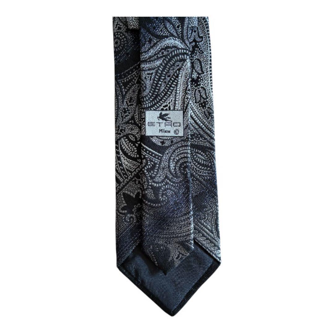 ETRO エトロ ネクタイ ペイズリー柄 ブラック×シルバー イタリア製