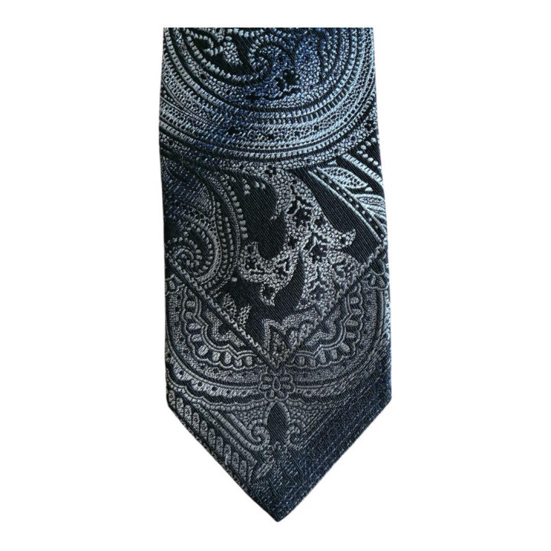 ETRO エトロ ネクタイ ペイズリー柄 ブラック×シルバー イタリア製