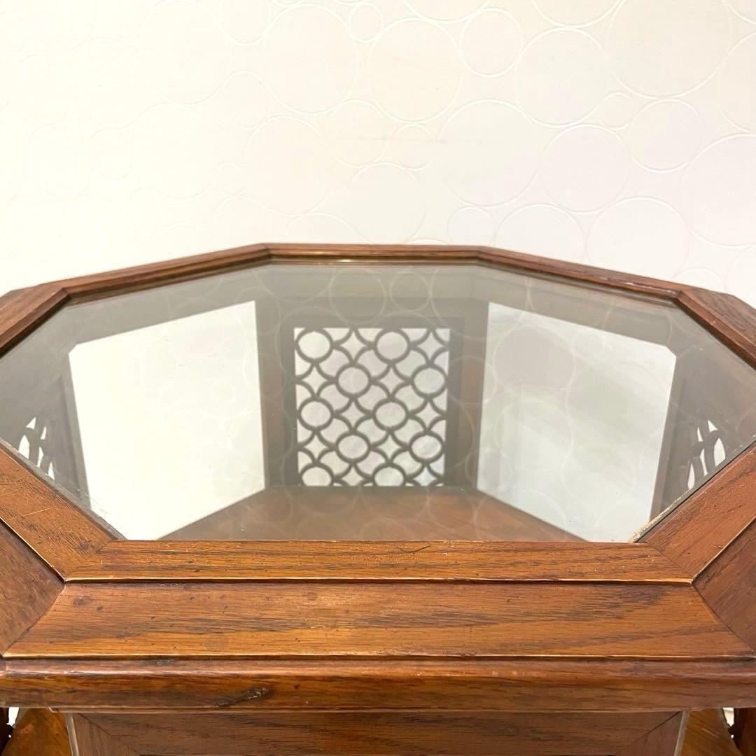 【希少】八角形 ガラス天板 サイドテーブル 高級 ヴィンテージ　キャスター付き