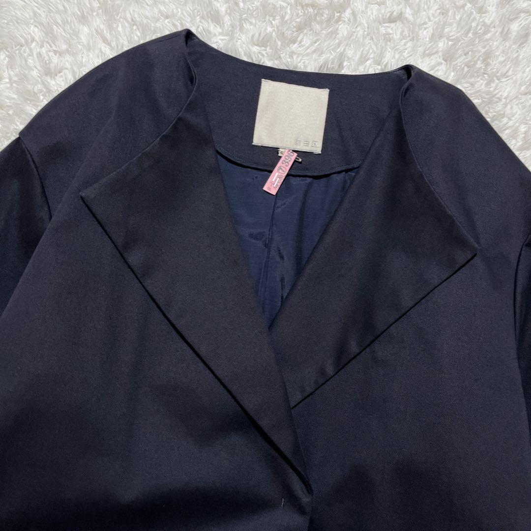 美品✨自由区　セミダブル ノーカラーコート　紺　ベルト付き　ロングコート　40