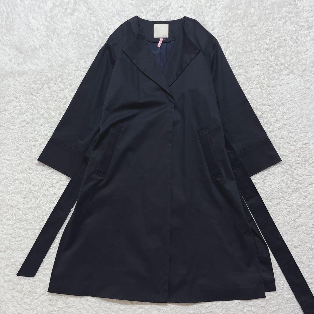 美品✨自由区　セミダブル ノーカラーコート　紺　ベルト付き　ロングコート　40