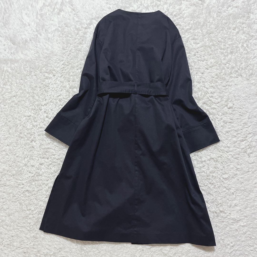 美品✨自由区　セミダブル ノーカラーコート　紺　ベルト付き　ロングコート　40