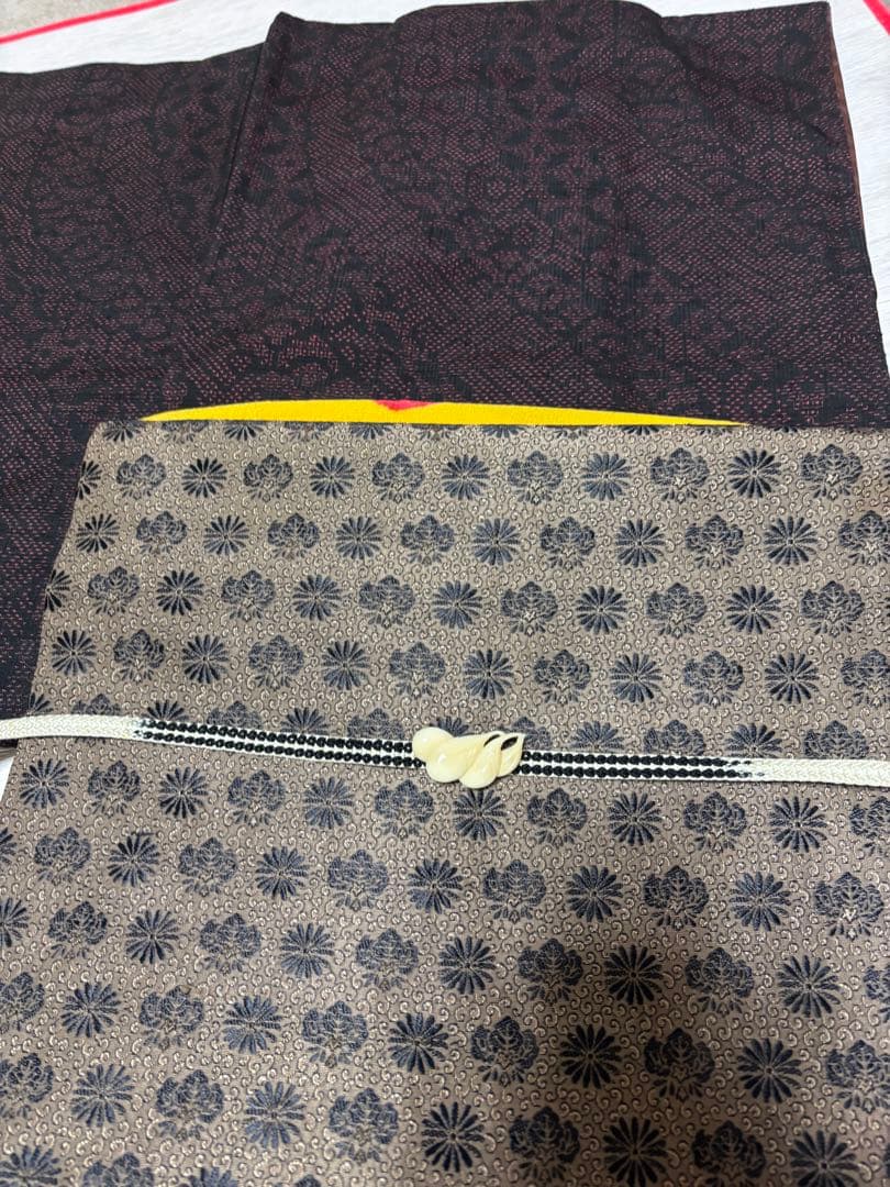 正絹　結城紬　美品　黒地　袷　正絹アンティーク名古屋帯