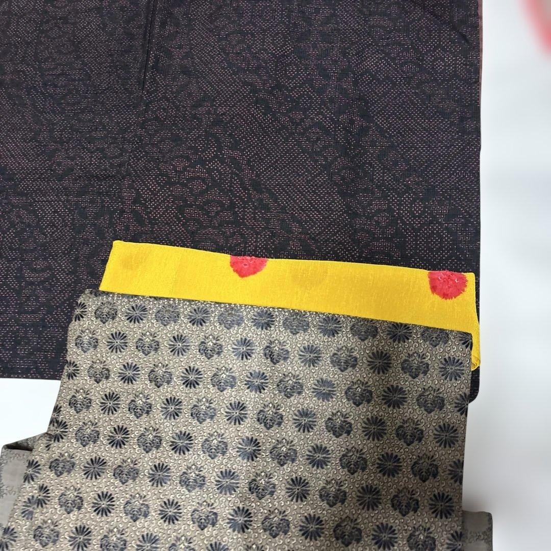 正絹　結城紬　美品　黒地　袷　正絹アンティーク名古屋帯