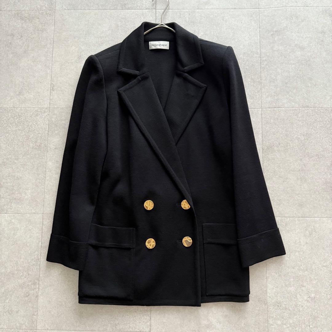 イヴサンローラン　テーラードジャケット　金ボタン　ロゴ　黒　ダブル　M　ウール