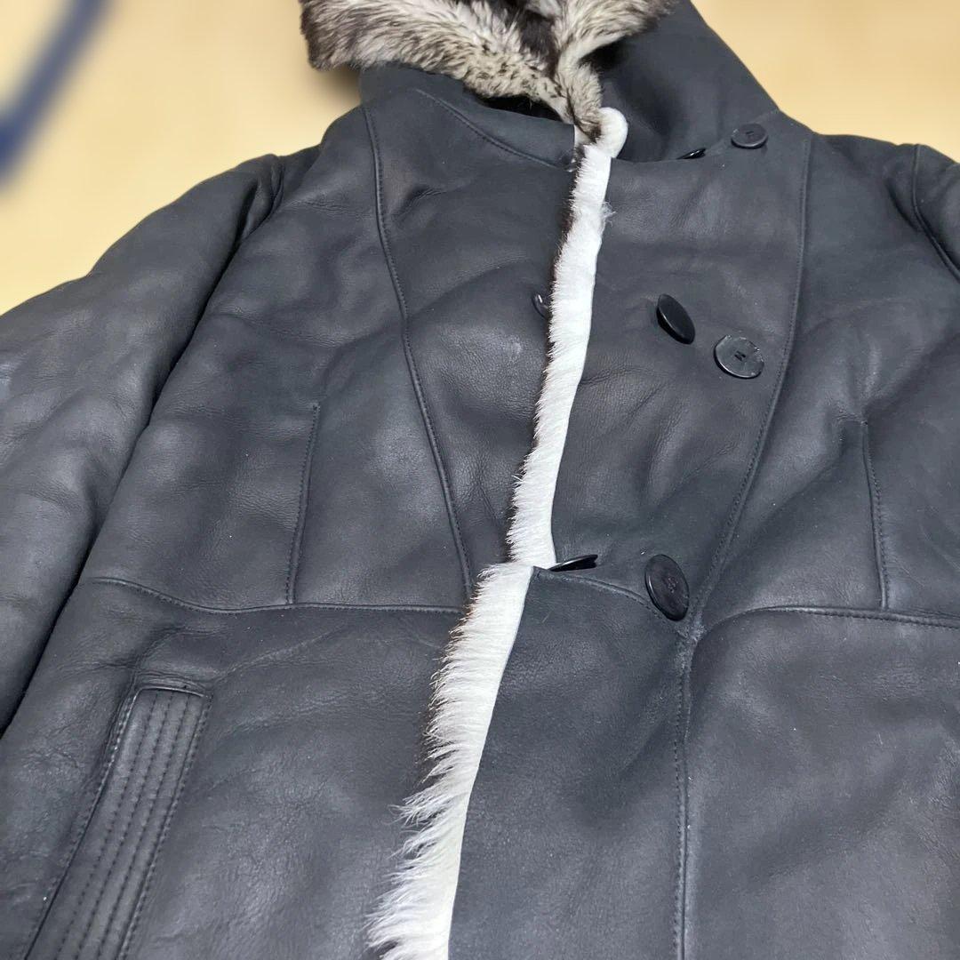 黒いレザーコート ファー付きフード　40