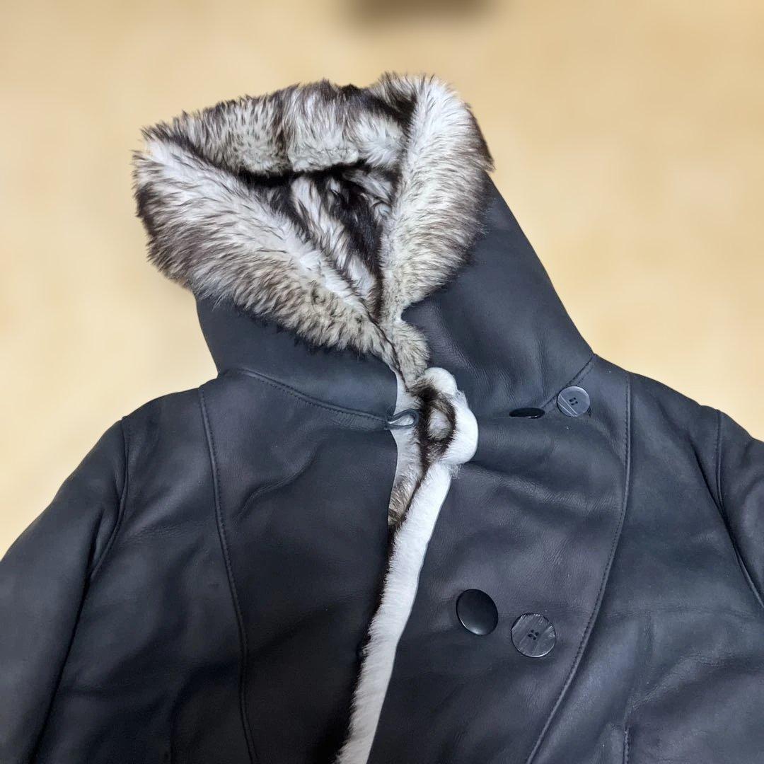 黒いレザーコート ファー付きフード　40