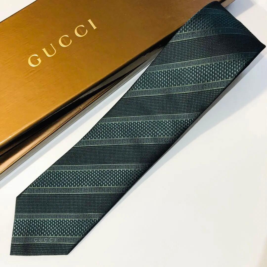 GUCCI ネクタイ ストライプ柄 ダークグリーン