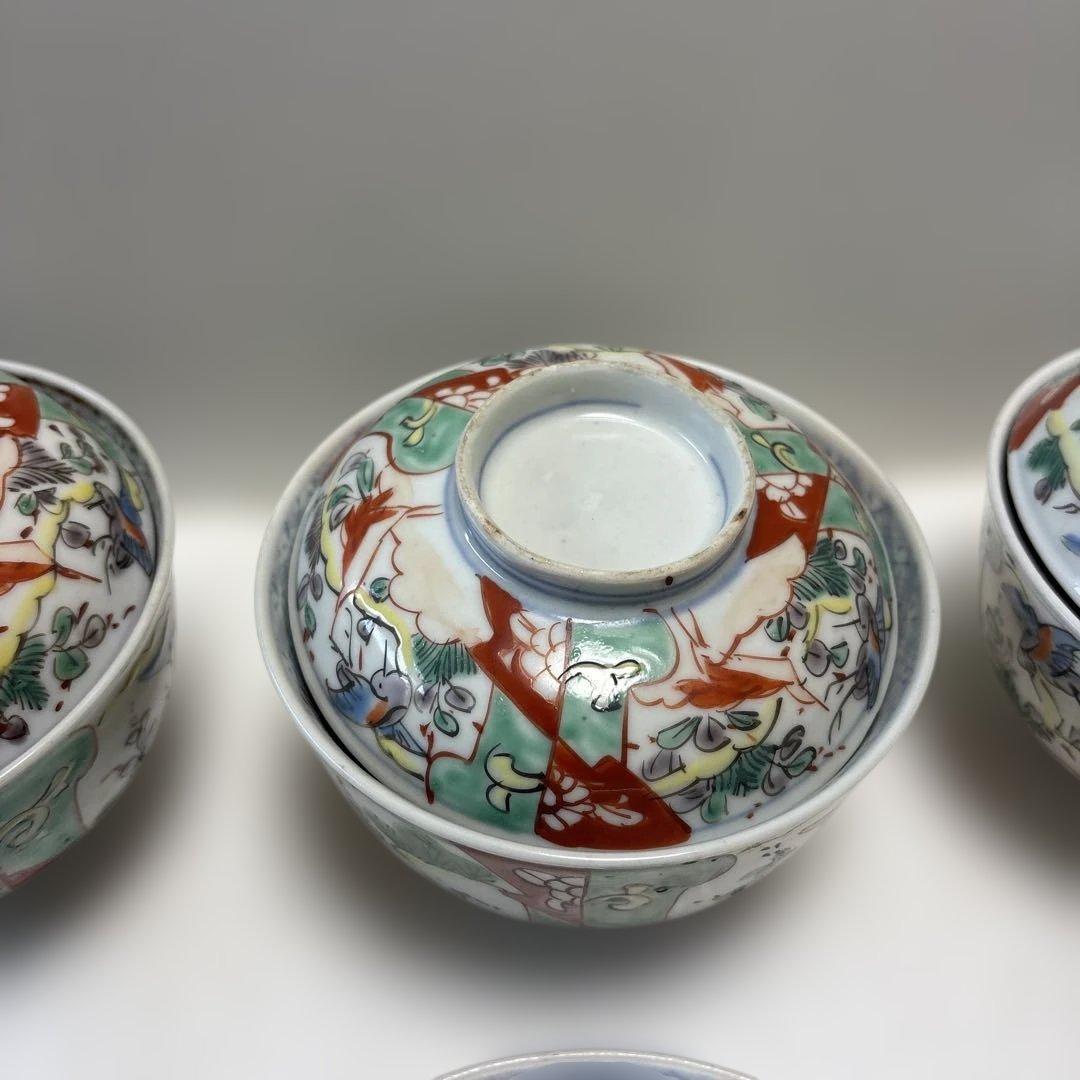 骨董　伊万里焼　色絵　蓋付き茶碗　四つ