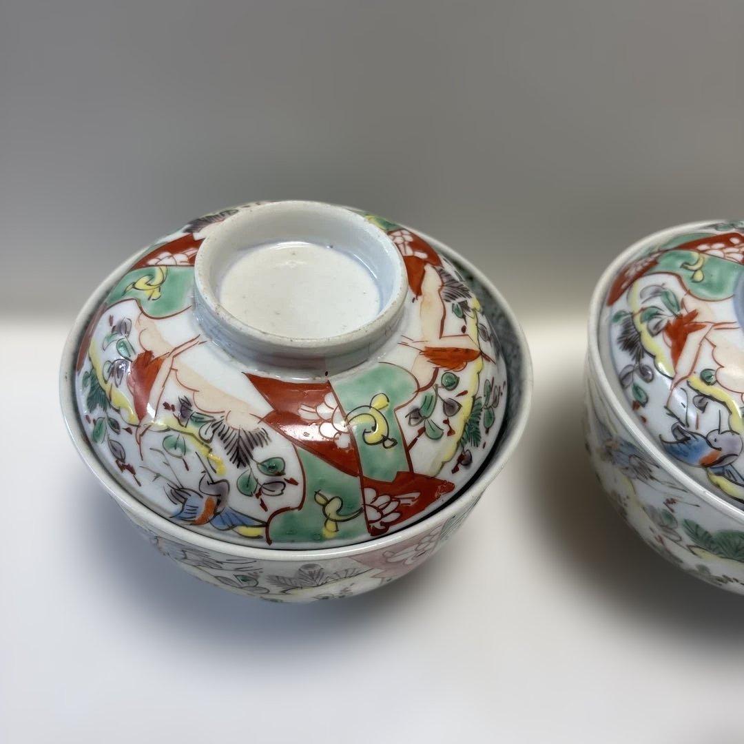 骨董　伊万里焼　色絵　蓋付き茶碗　四つ