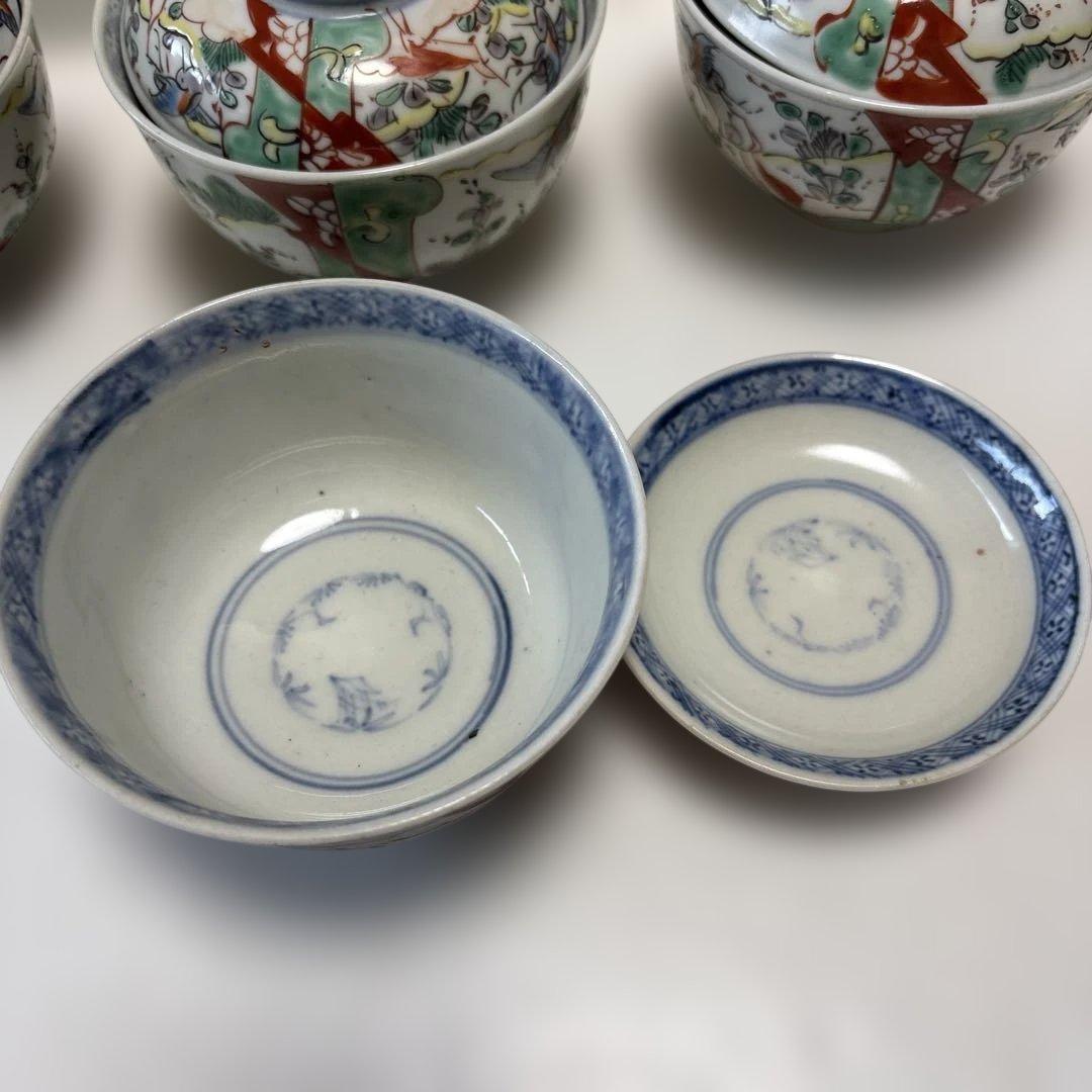 骨董　伊万里焼　色絵　蓋付き茶碗　四つ