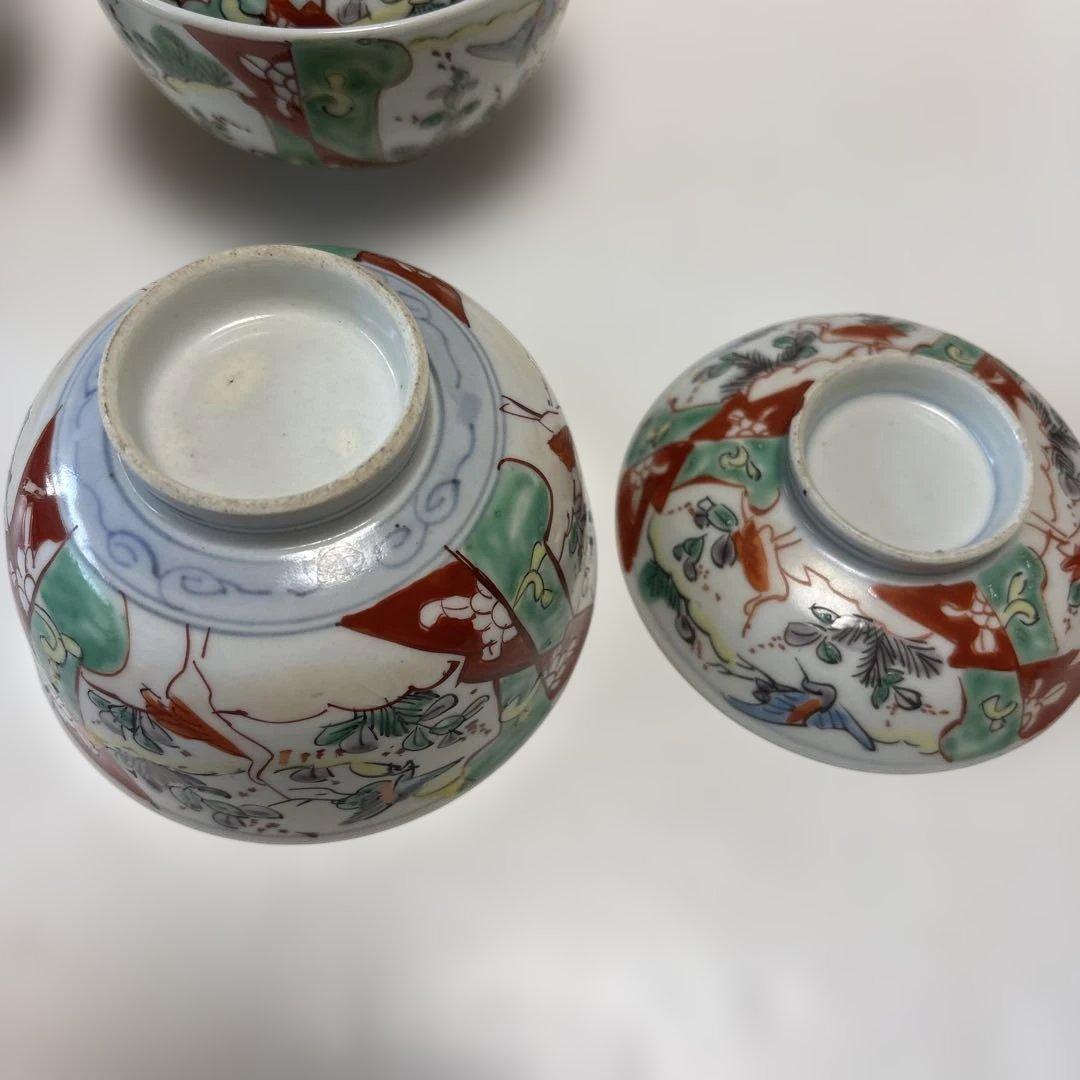 骨董　伊万里焼　色絵　蓋付き茶碗　四つ
