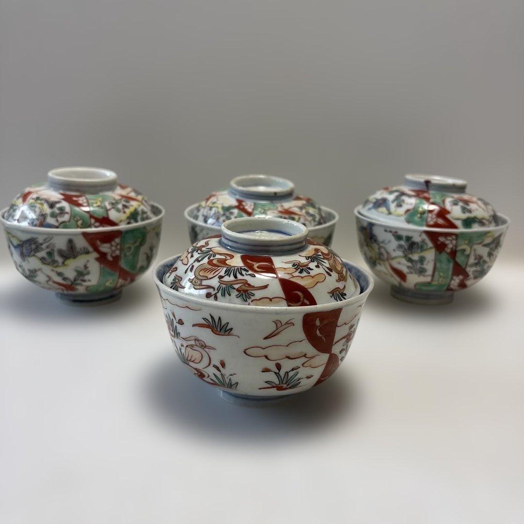 骨董　伊万里焼　色絵　蓋付き茶碗　四つ