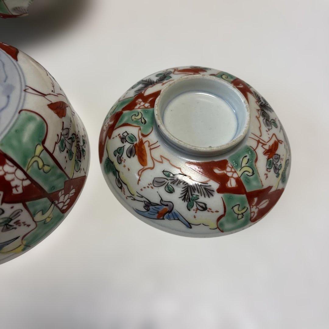 骨董　伊万里焼　色絵　蓋付き茶碗　四つ