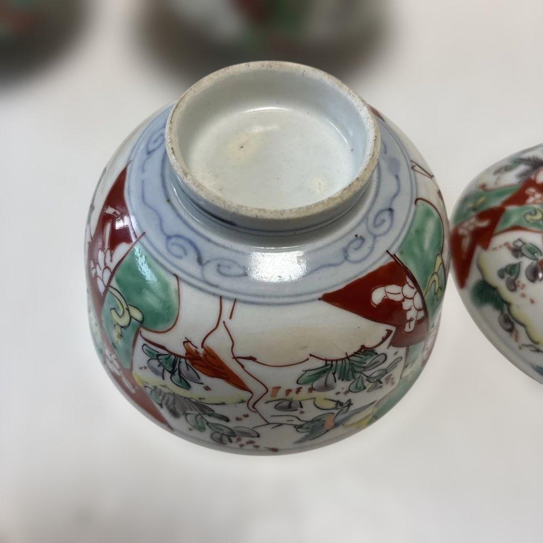 骨董　伊万里焼　色絵　蓋付き茶碗　四つ
