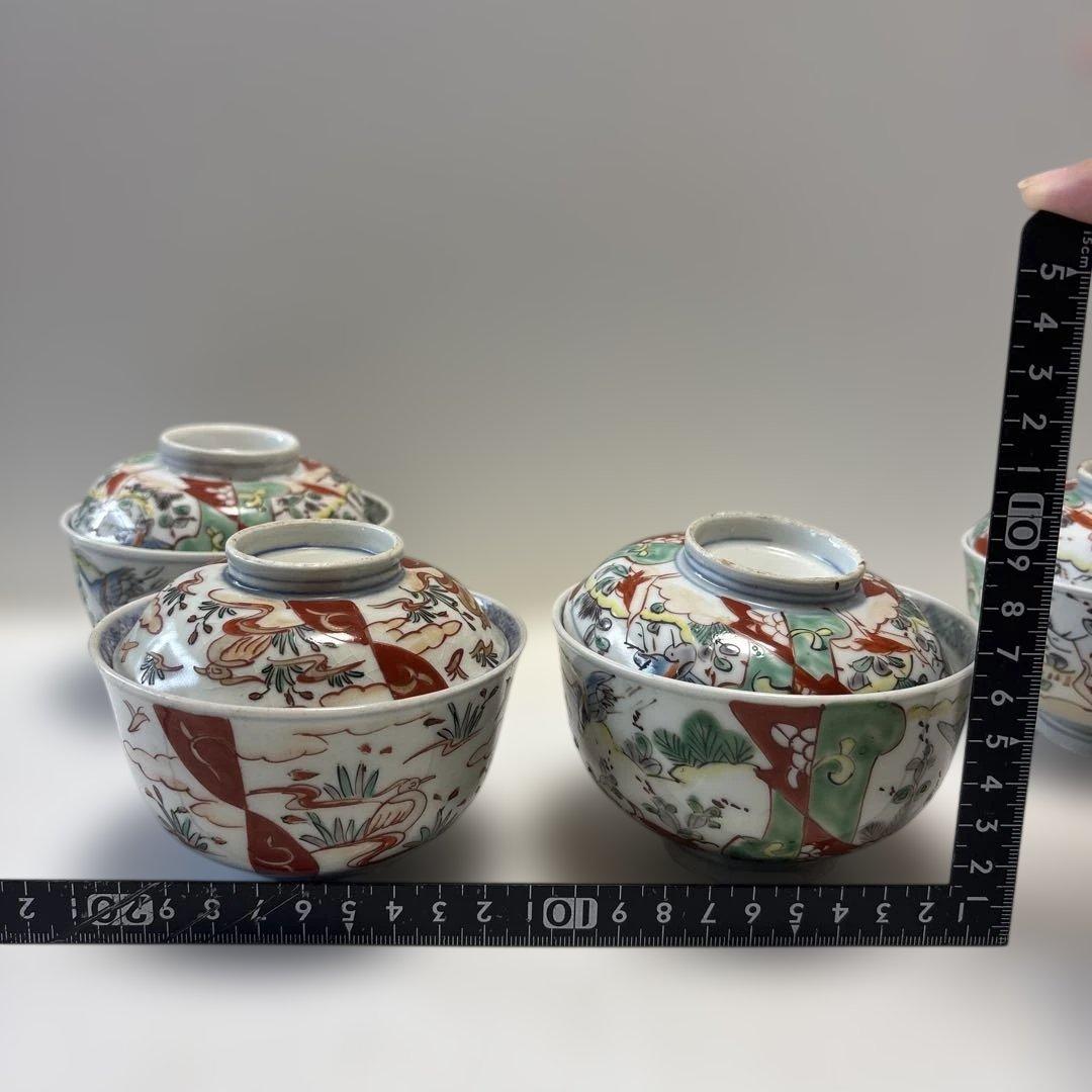 骨董　伊万里焼　色絵　蓋付き茶碗　四つ