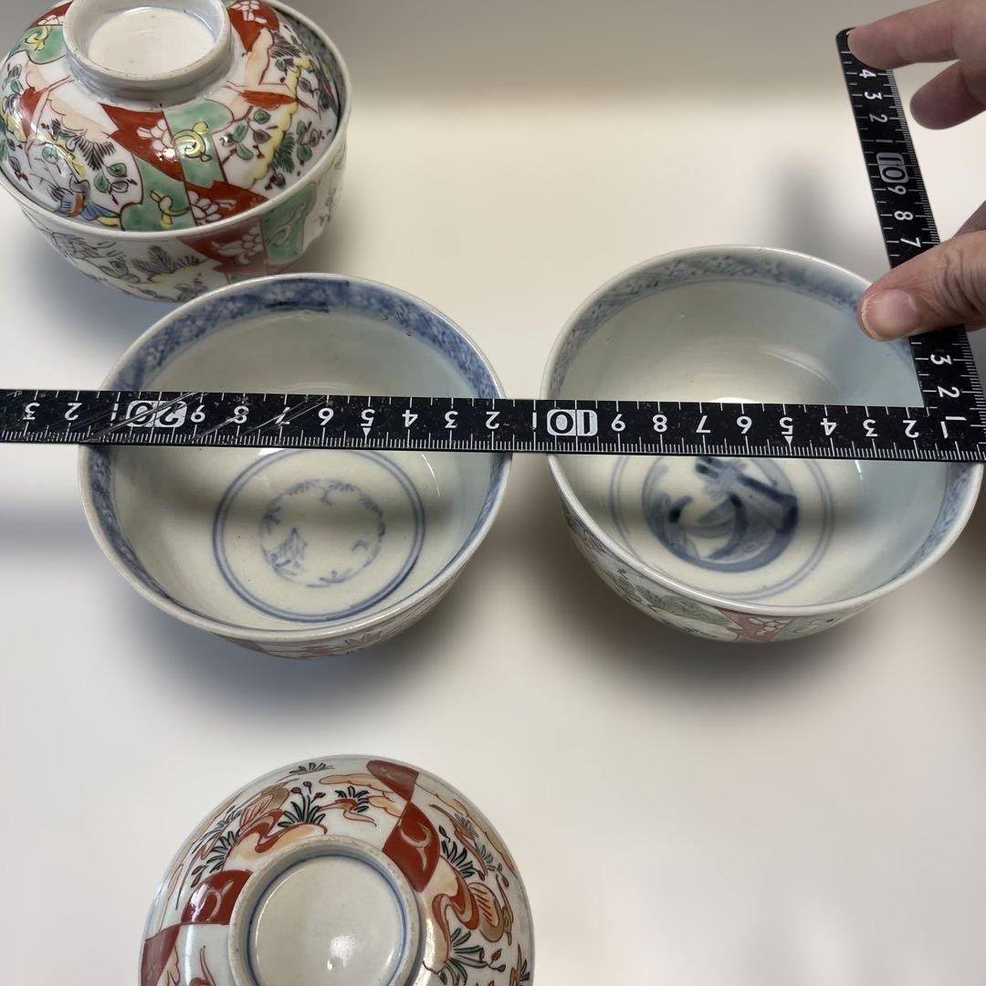 骨董　伊万里焼　色絵　蓋付き茶碗　四つ