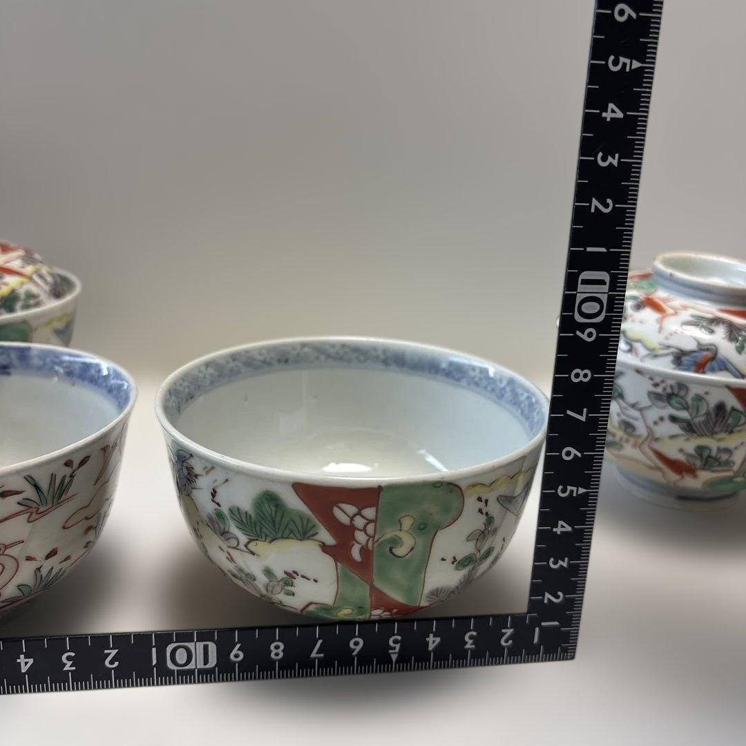 骨董　伊万里焼　色絵　蓋付き茶碗　四つ