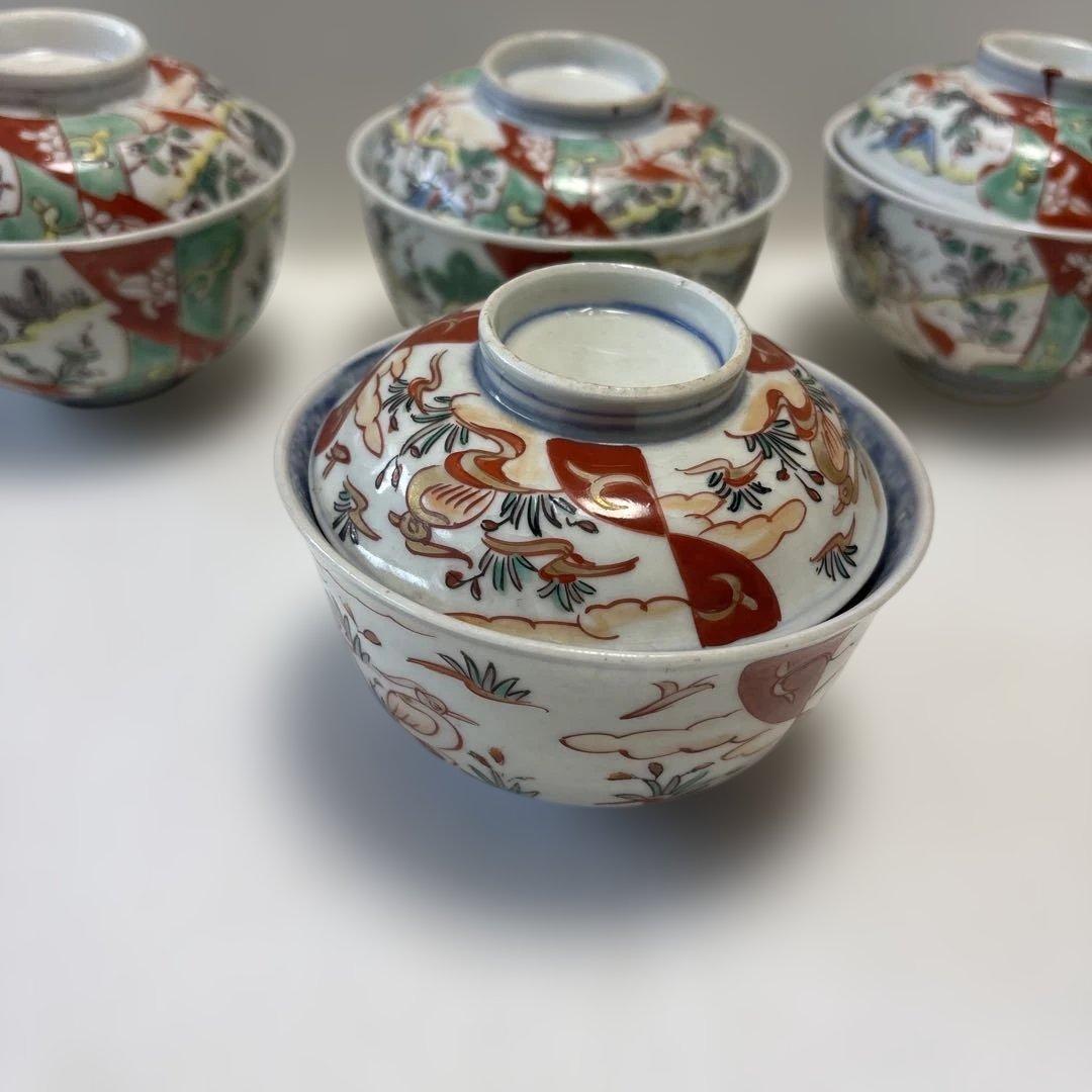 骨董　伊万里焼　色絵　蓋付き茶碗　四つ