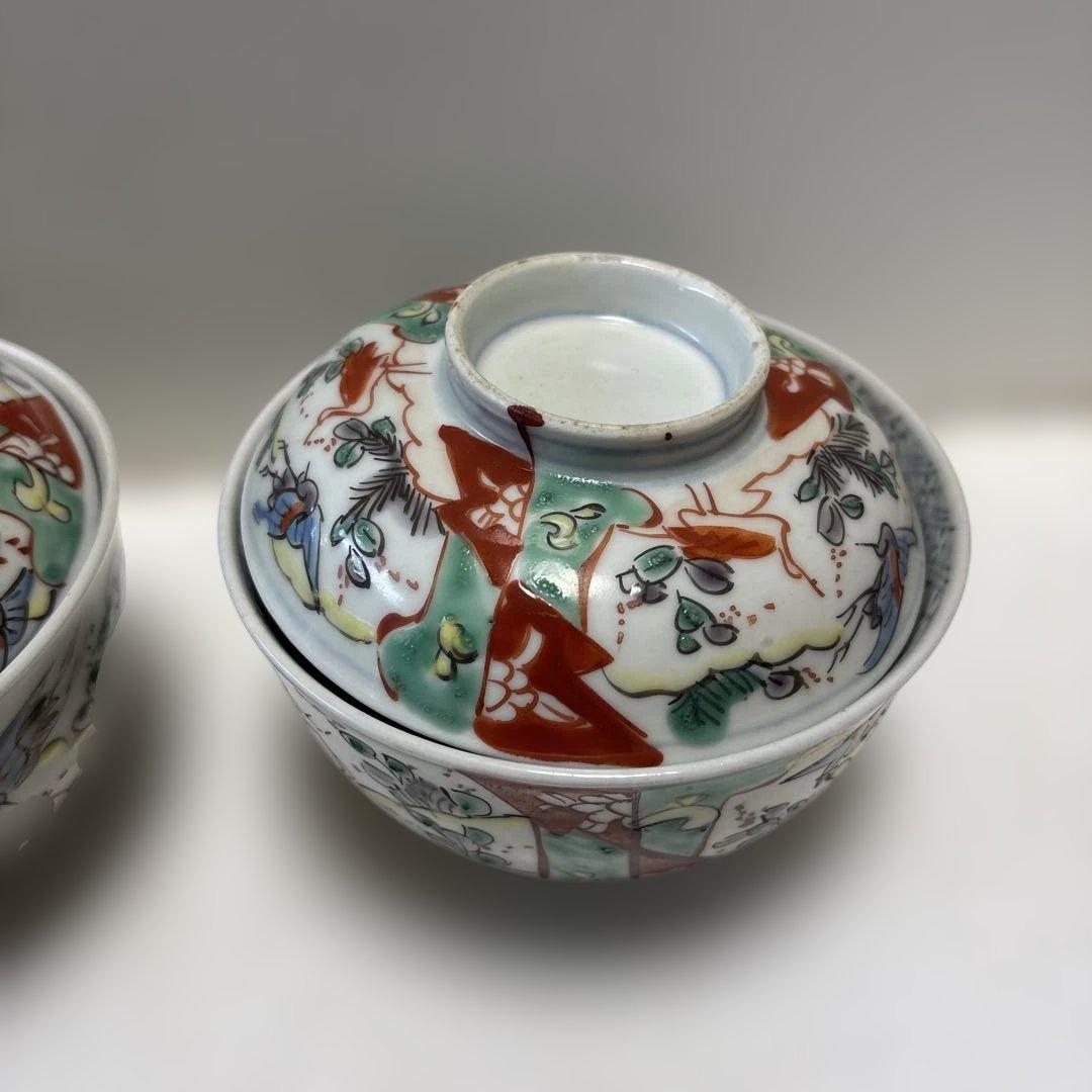 骨董　伊万里焼　色絵　蓋付き茶碗　四つ