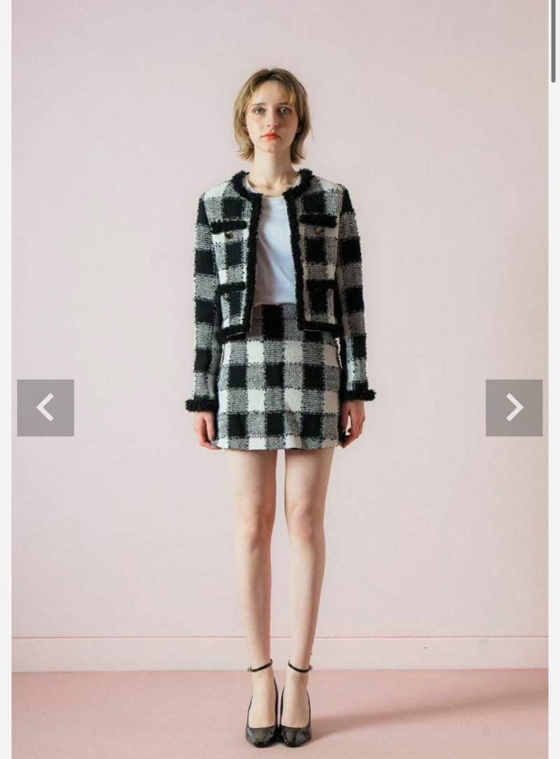 sheller ギンガムツイードノーカラージャケット　シェリエ　ブラック