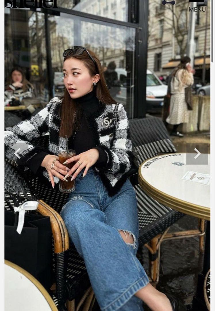 sheller ギンガムツイードノーカラージャケット　シェリエ　ブラック