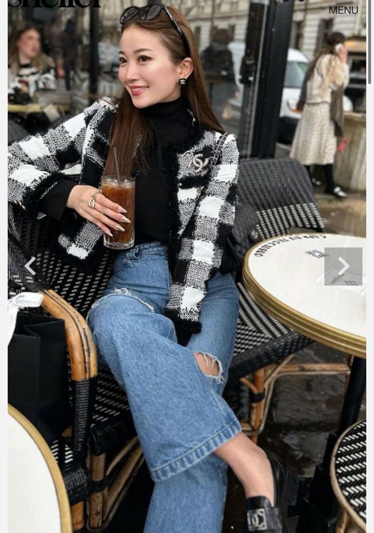 sheller ギンガムツイードノーカラージャケット　シェリエ　ブラック