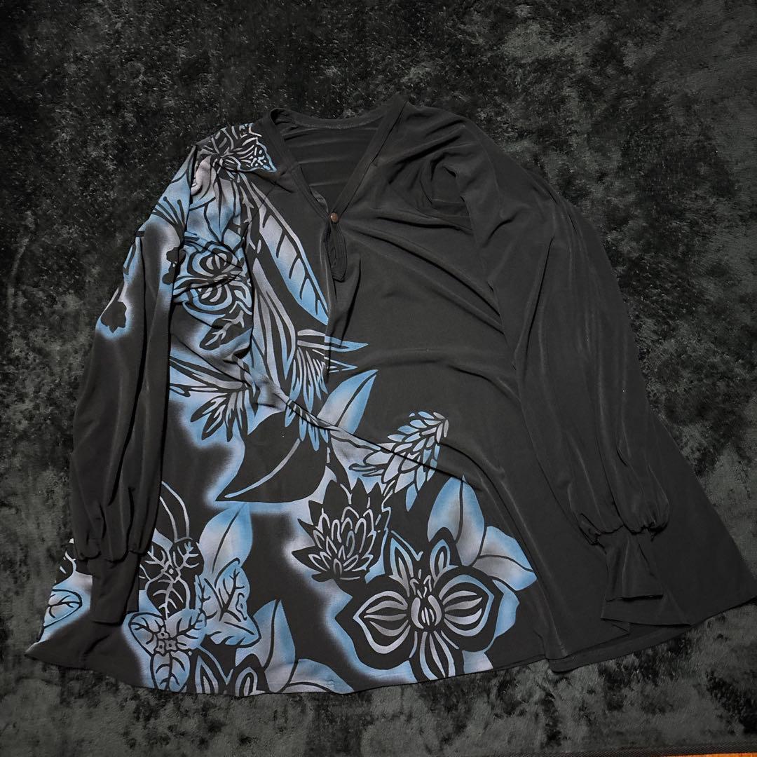 YOKANG フラワープリント ダークブラック チュニック