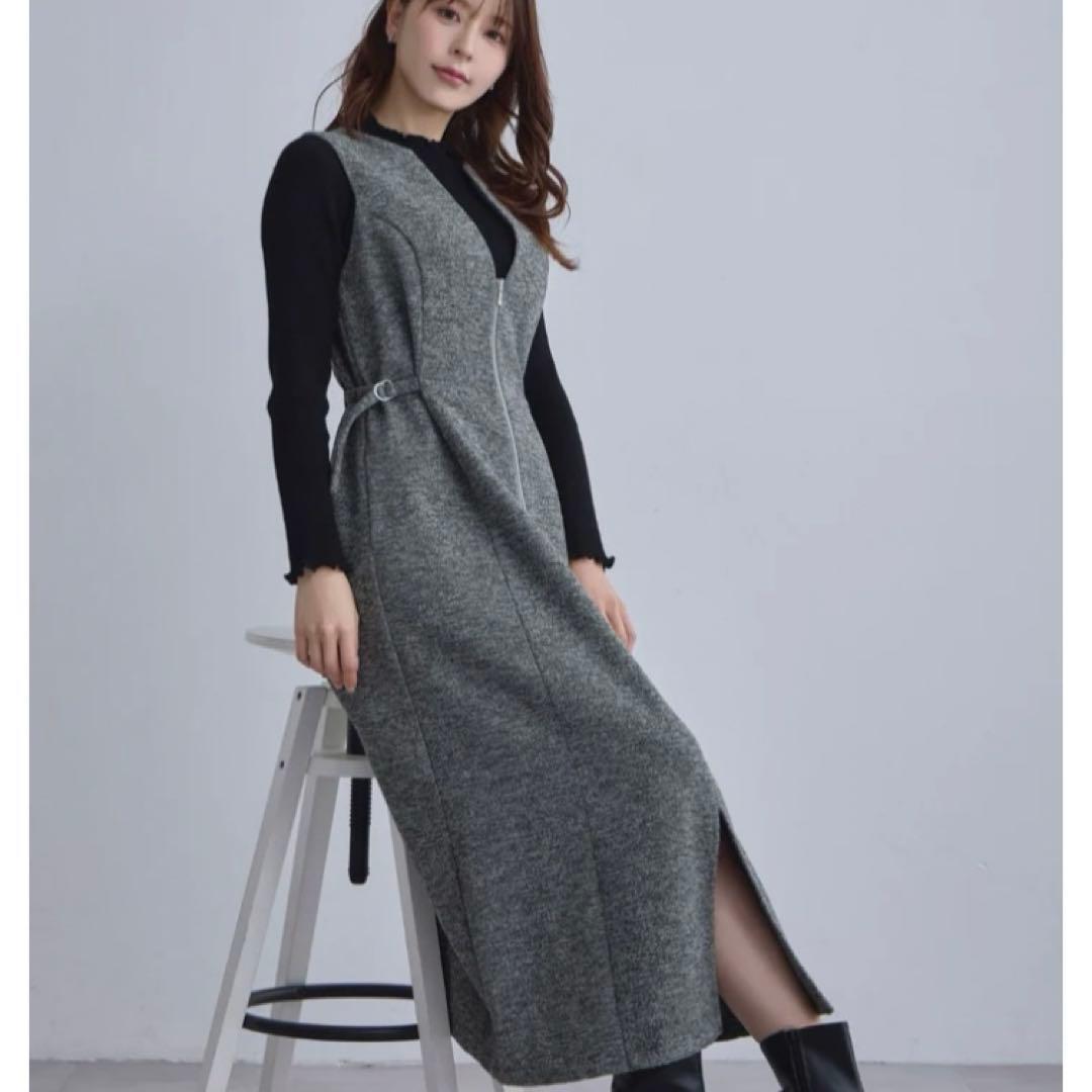 overE リニースタイルネップツイードジャンパースカートグレー102サイズ対応