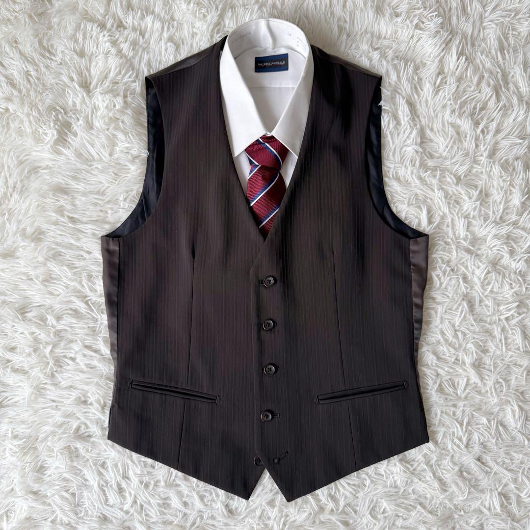 3ピース⭐︎COMME CA MEN セットアップスーツ ブラウン ストライプ46