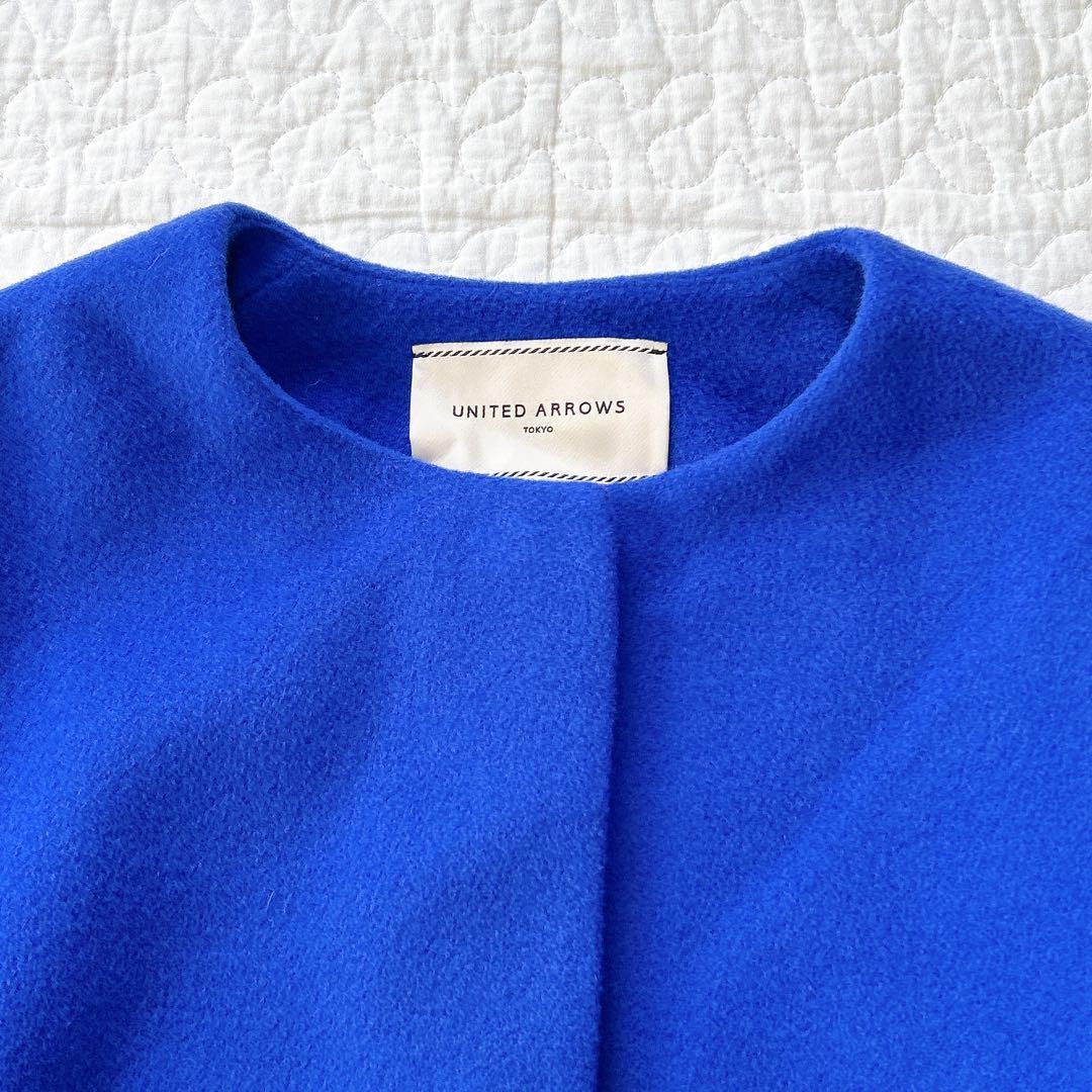 ユナイテッドアローズ ベルライン ノーカラーコート カシミヤ混 ブルー 36